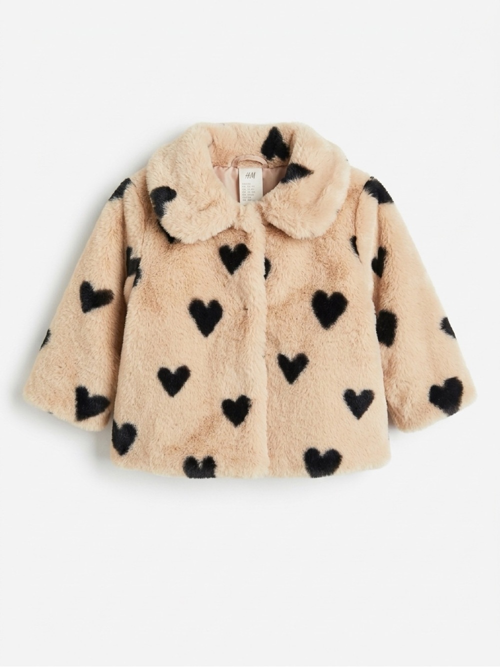 H&M Kids Tan Faux Fur Coat with Black Heart Print kids size 6M